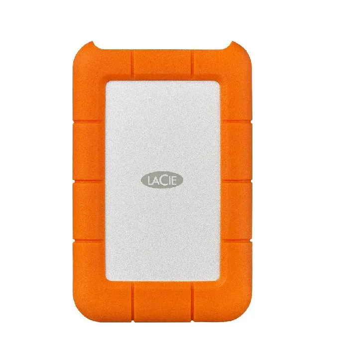 The LaCie Rugged 4TB- USB-C External Hard Drive Features Fast 130 MB/s  USB -C/ USB 3.0 Compatibility-Ultra- Compact Design and thought with drop-Crush rain resistance-2 years Warranty