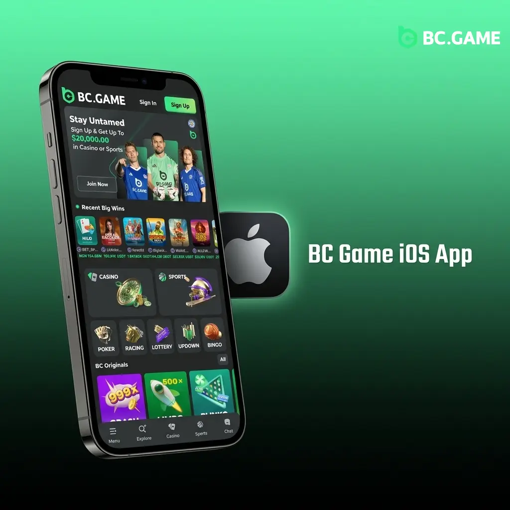 BC Game iOS app for iPhone and iPad showing casino games, sports betting, and JazzCash payment options