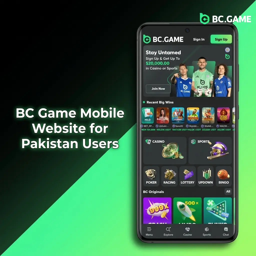 BC Game mobile website interface for Pakistan users showing sports betting and casino on a mobile browser