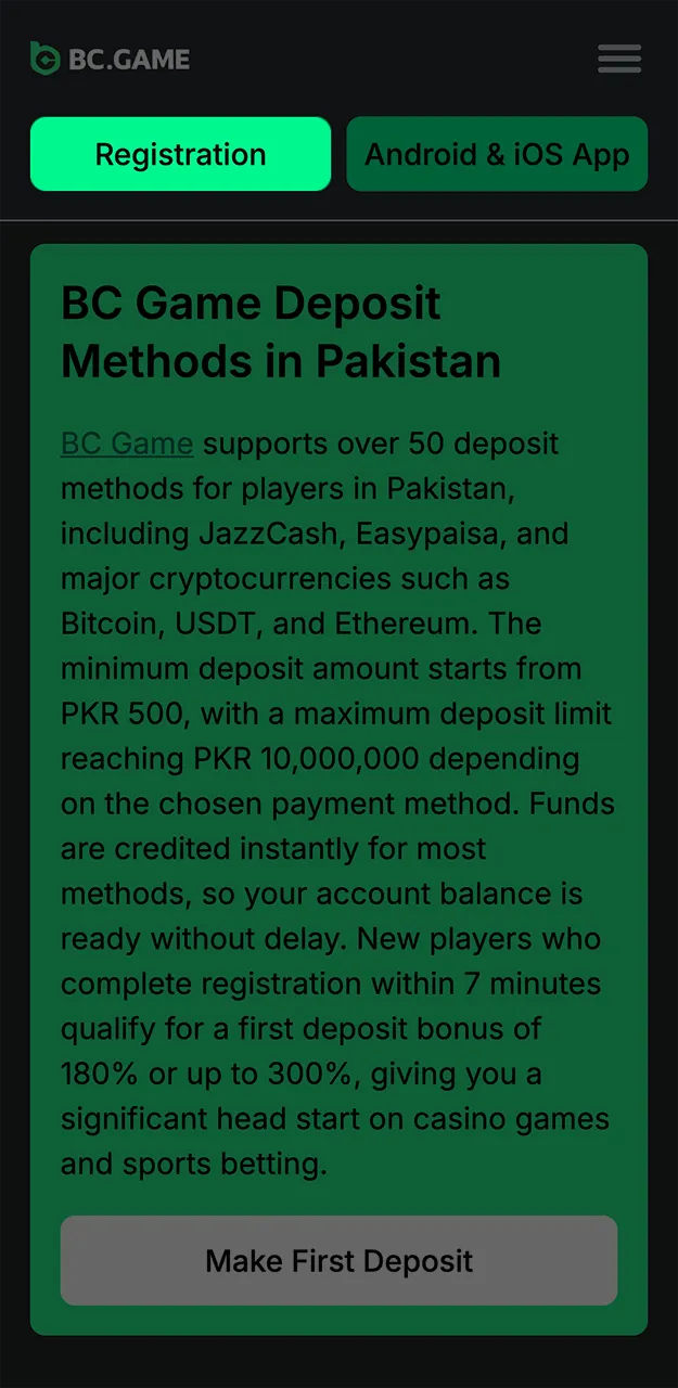 You must register an account to make a deposit on the BC Game website.