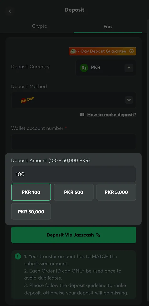 Select your deposit amount from the options available on the BC Game website.