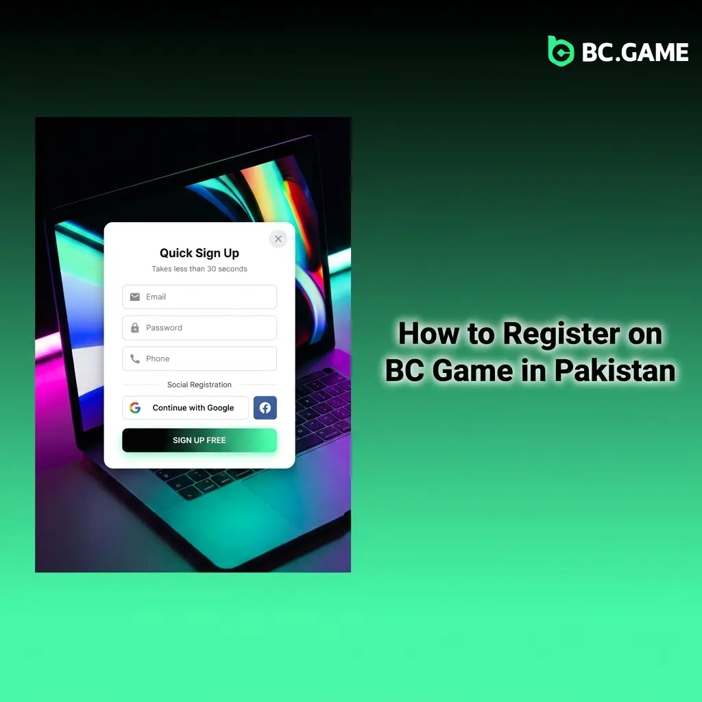 BC Game registration steps in Pakistan showing sign-up form with email, mobile, and social account options