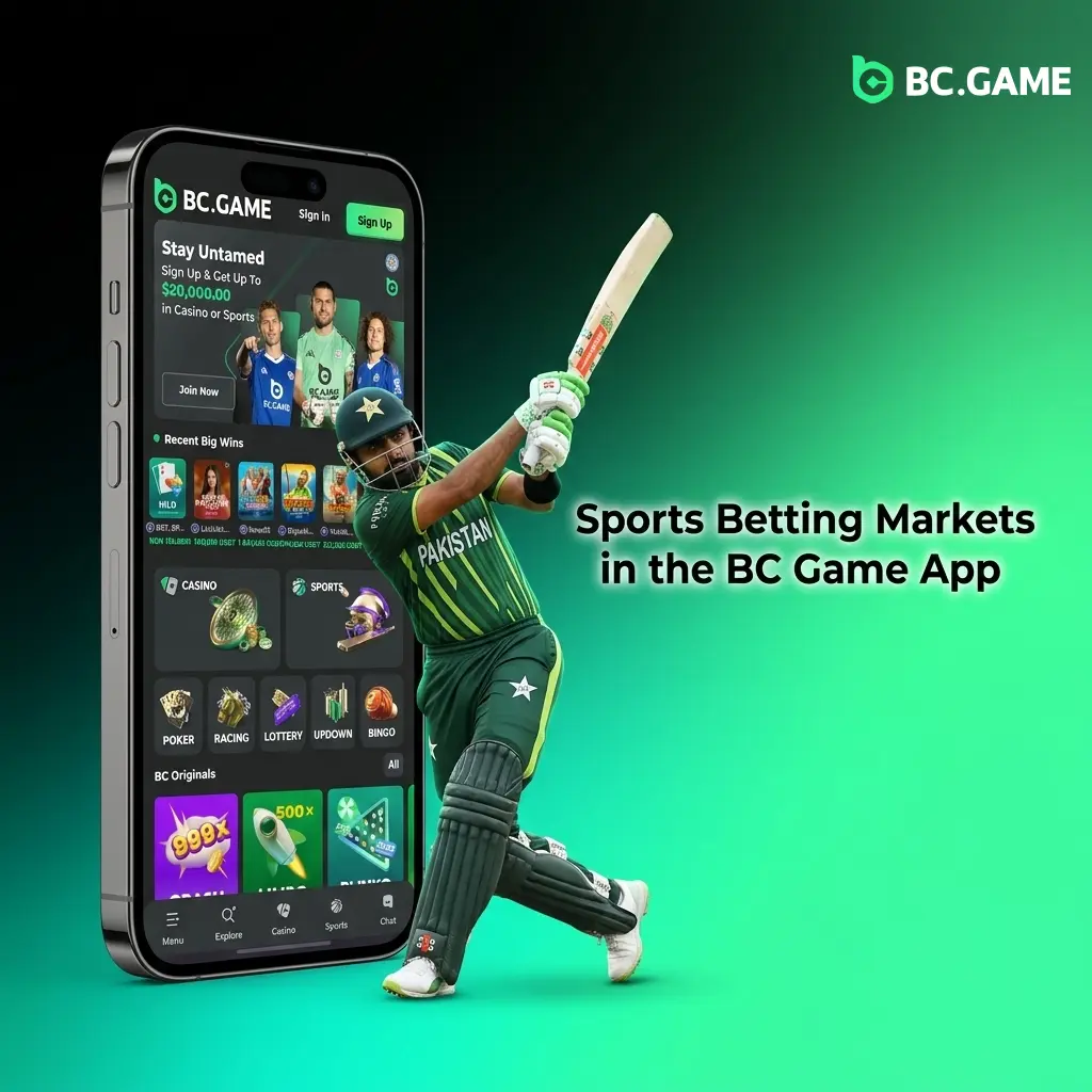 BC Game app sports betting markets showing cricket, football, kabaddi, esports and more for Pakistan players