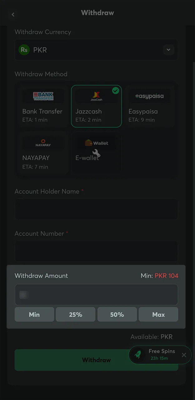 Select the amount you wish to withdraw from the BC Game gambling platform.