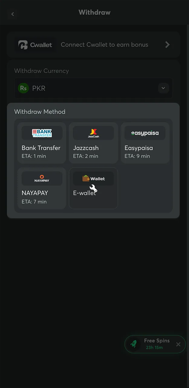 Select a suitable withdrawal method on the BC Game website and enter the required details.